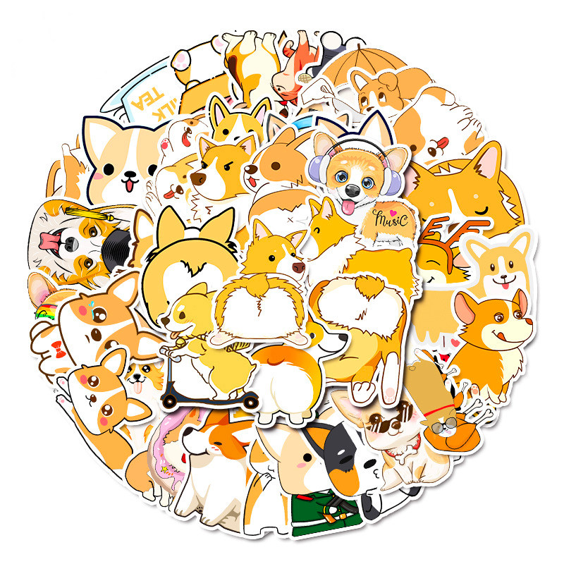 50张卡通柯基宠物狗贴纸 行李箱电动车保温杯防水手机壳涂鸦贴纸