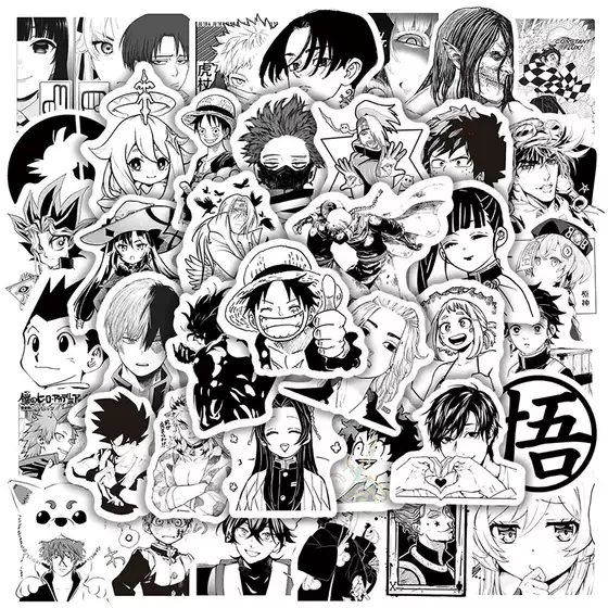 50 Black and White Graffiti Stickers Anime Mix for Phone, Helmet, Cup, Bicycle, Computer, Journal, Waterproof Decals