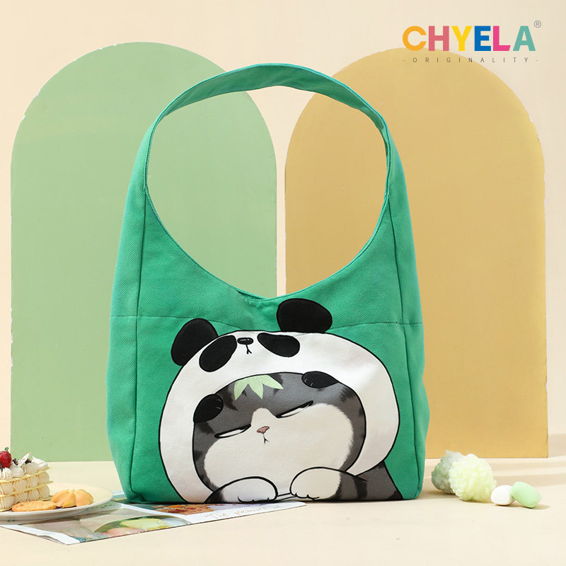 采绎来x吾皇万睡正版熊猫巴扎黑购物袋清新绿色帆布包大容量AP502