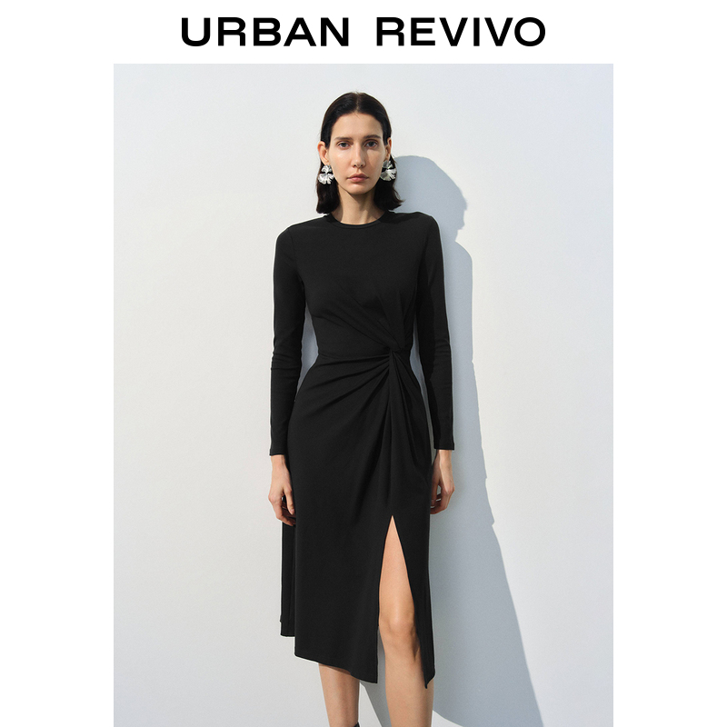 UR2023秋冬新款女装时尚休闲褶皱设计感紧身长袖连衣裙UWH730037