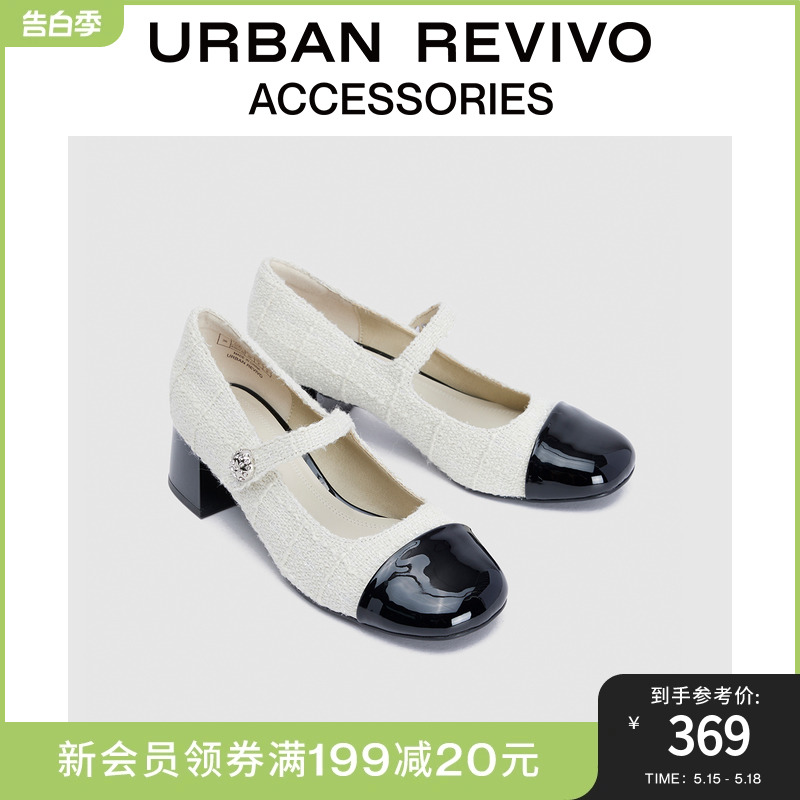 URBAN REVIVO2024春季新款女士小香玛丽珍粗跟单鞋UAWS40029