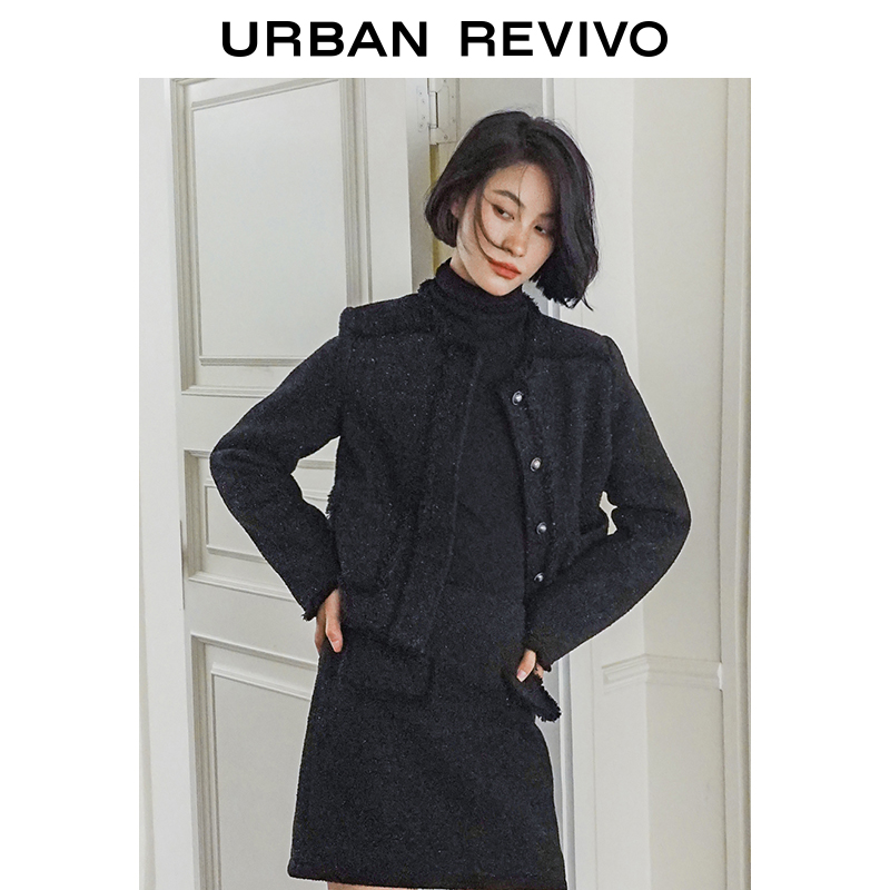 UR2023秋冬新款女装法式小香气质名媛风圆领单排扣外套UWG830036