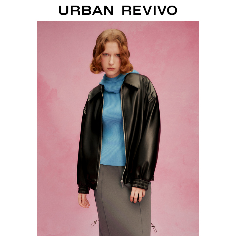 UR2023秋冬新款女装时髦慵懒复古机车宽松廓形翻领外套UWU130057