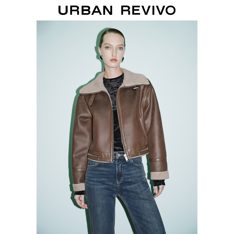 UR2023秋冬新款女装时尚复古机车拼接皮毛一体加厚外套UWJ130030