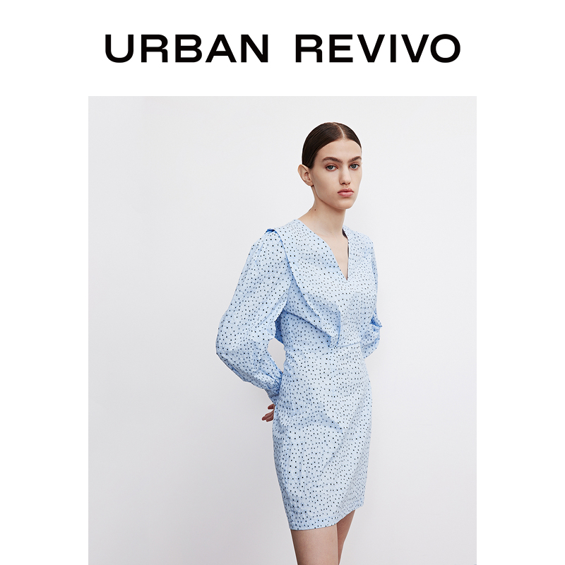 UR2021春夏新品女装潮流羊腿袖V领合体型波点连衣裙WH09R7DN2000
