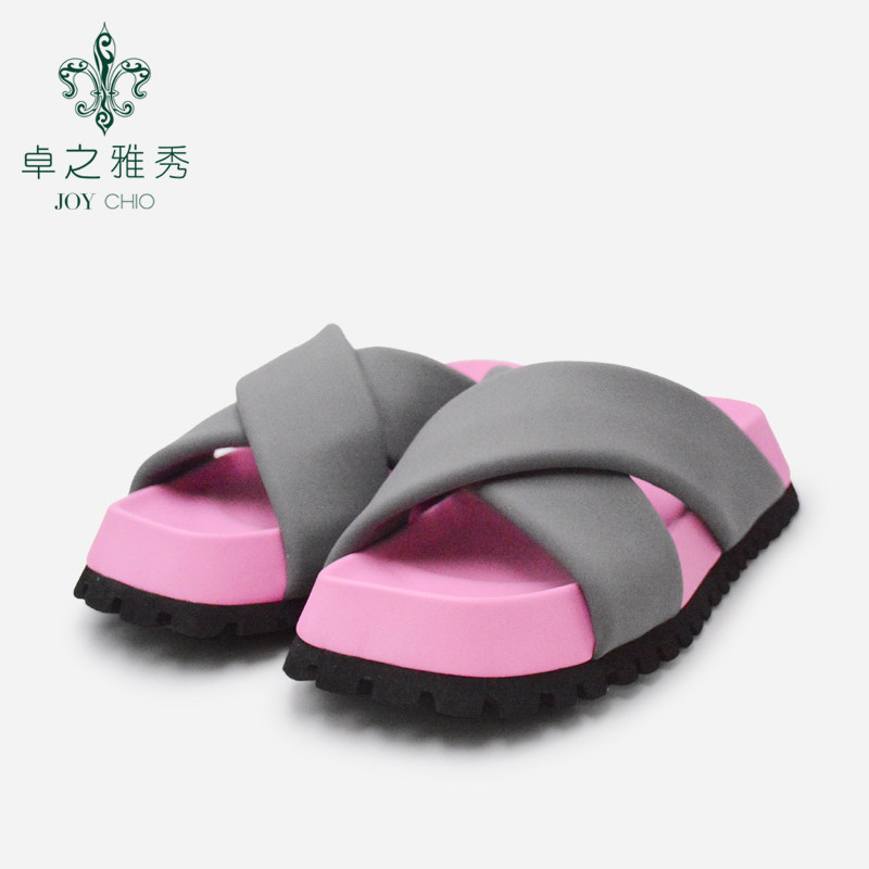 卓之雅秀松糕底交叉带牛皮撞色