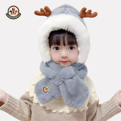 【官网正品】蒙口米色圣诞鹿角宝宝帽子冬季儿童围巾一体护耳帽子