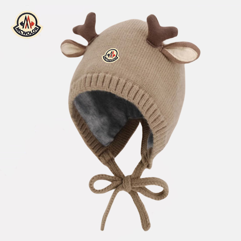 【正品现货】蒙口米色婴儿帽鹿角针织毛线帽宝宝洋气女童包头帽潮
