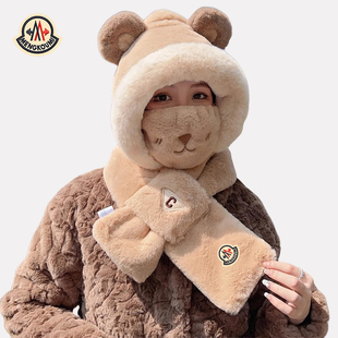 【官网正品】蒙口米色毛绒帽子围巾一体女款冬季新款东北防寒围脖