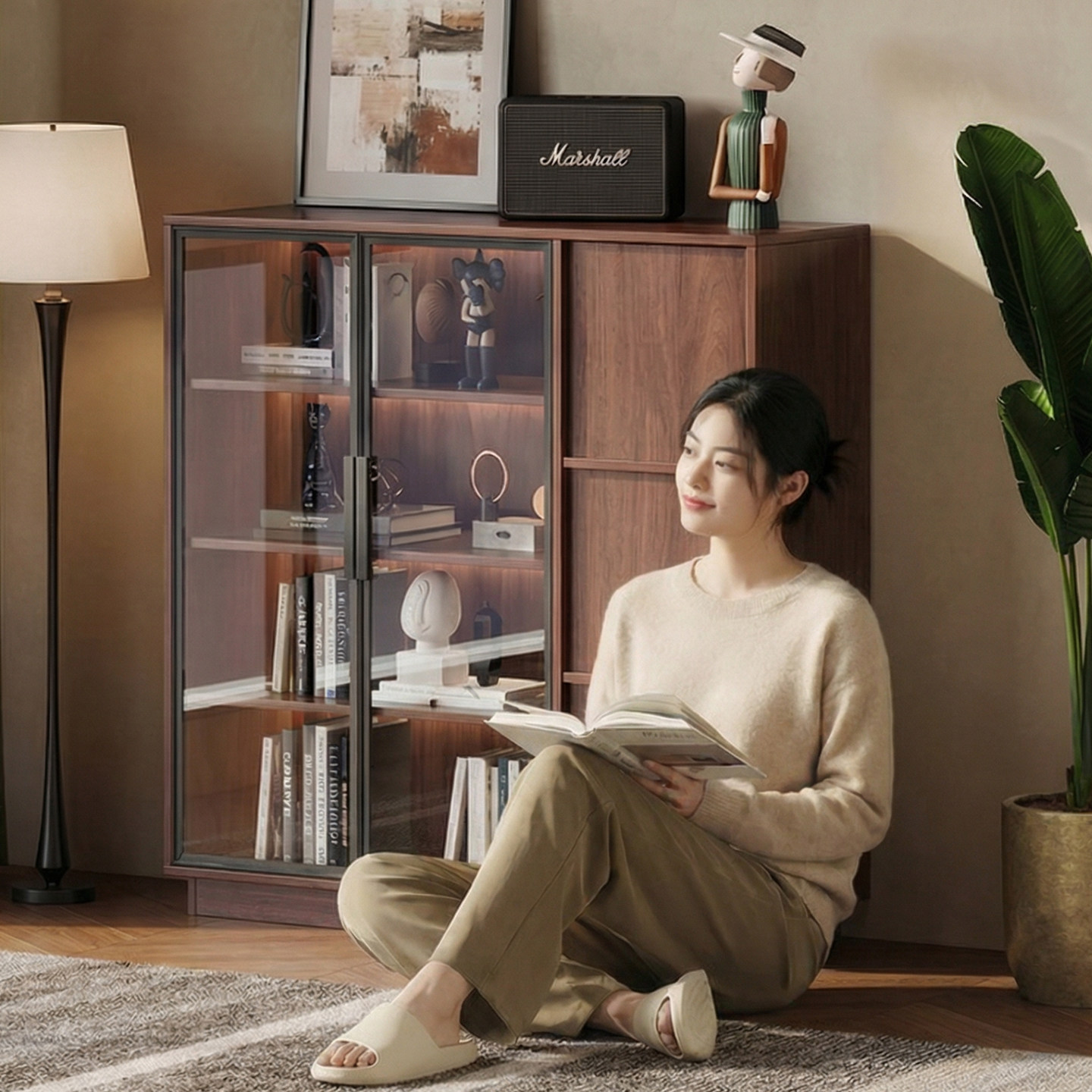 新中式玻璃门书柜家用客厅带灯展示柜实木落地储物柜书房书橱定制