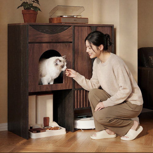中古风实木猫窝柜扫地机器人一体