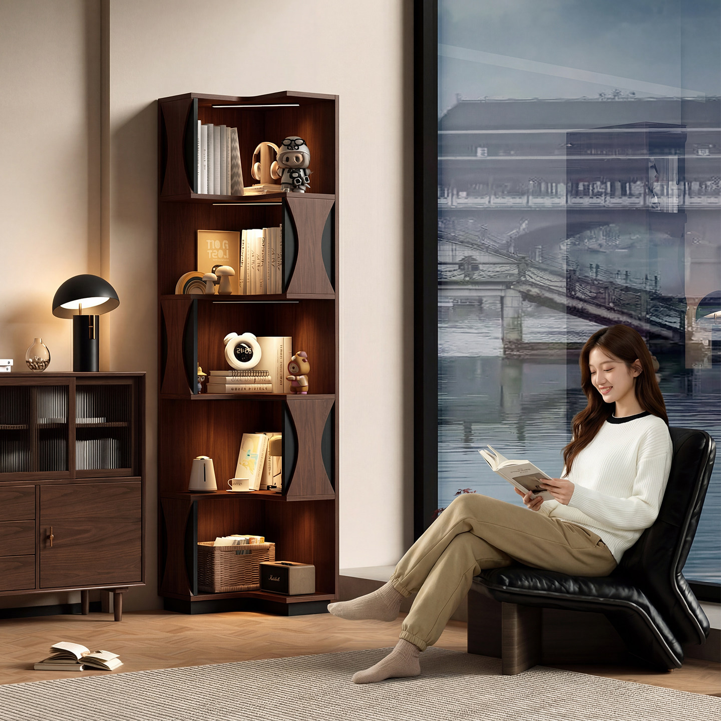 中古风小拐角三角柜客厅靠墙边转角置物架家用卧室落地书架收纳柜