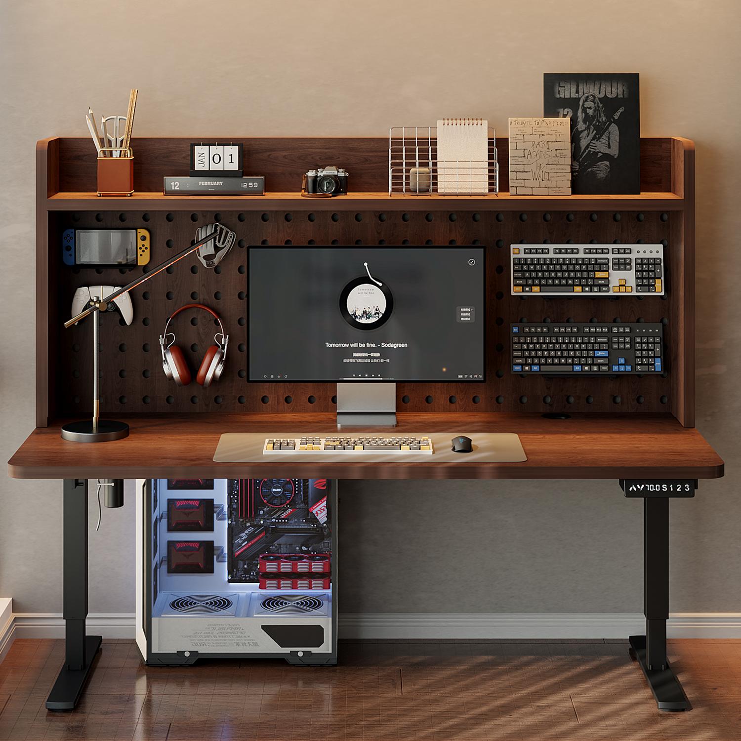 卧室家用升降电脑桌台式机洞洞板书桌书架一体桌子双人电竞桌电动