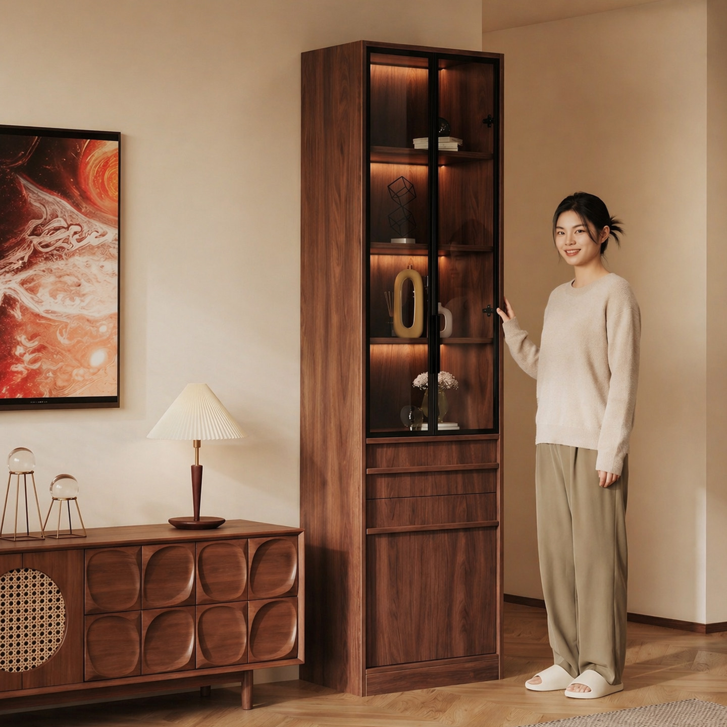 玻璃门书柜客厅轻奢落地电视柜边柜置物柜家用防尘展示柜收纳立柜