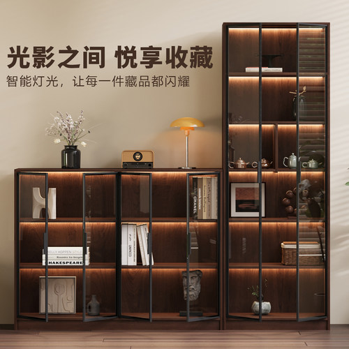 中古风玻璃门带灯实木防尘书柜