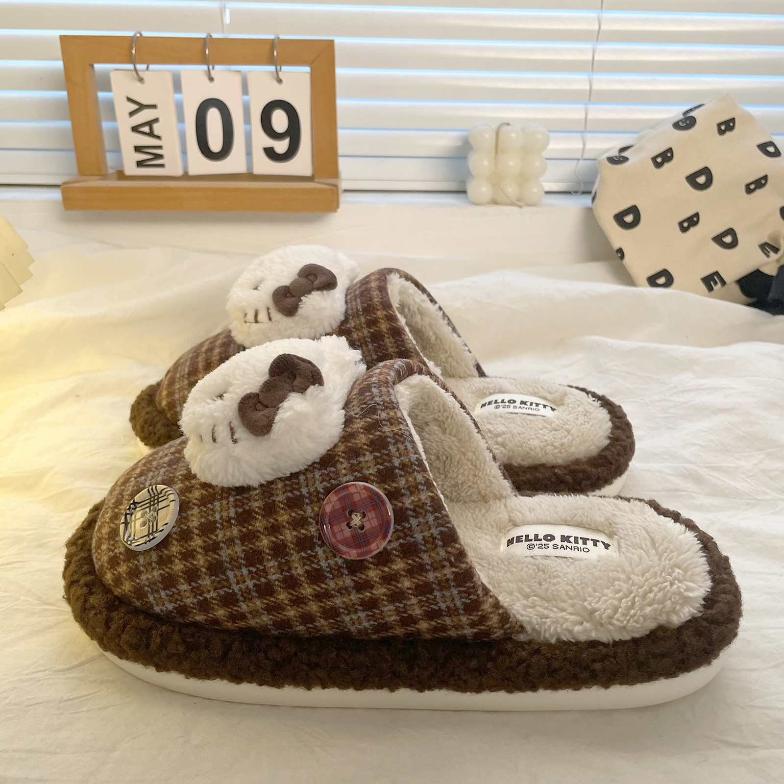 可爱格子Kitty棉拖鞋女2025秋冬季韩版加绒加厚保暖宿舍室内拖鞋