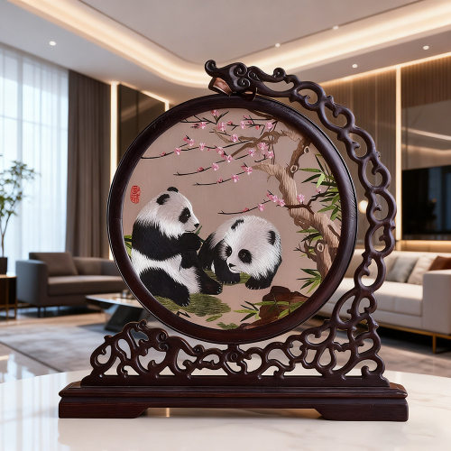 蜀绣熊猫双面绣屏风工艺品摆件中国风特色 出国礼品 送老外刺绣
