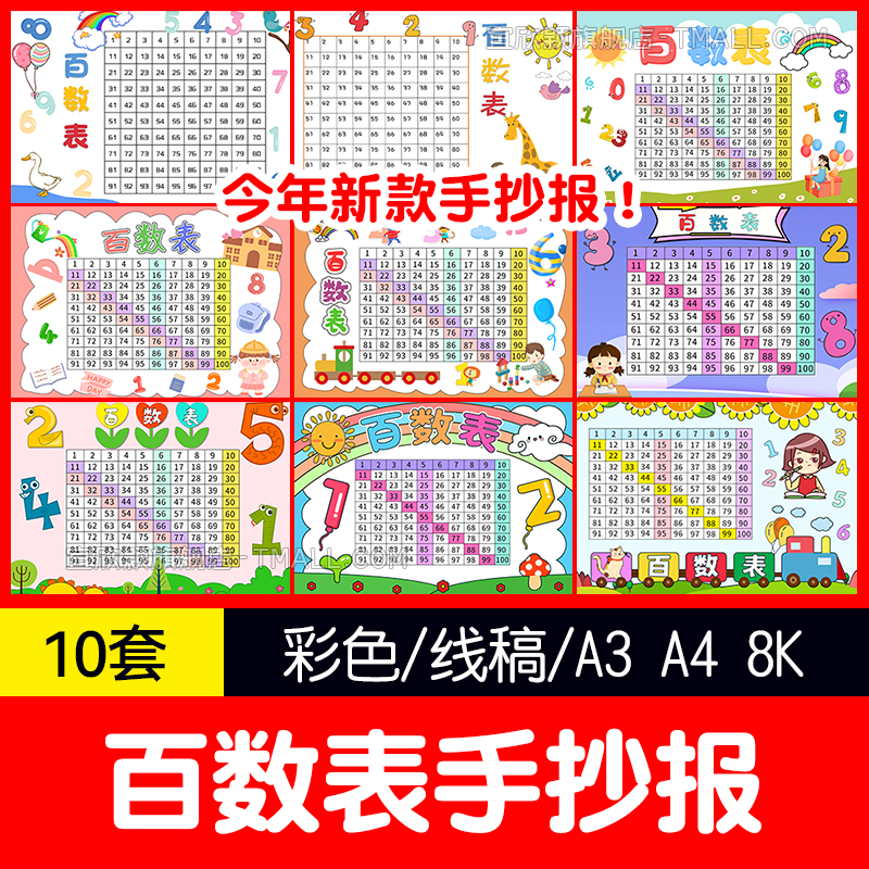 yxy一年级百数表手抄报模板小学生数学电子小报1-100数字黑含白线