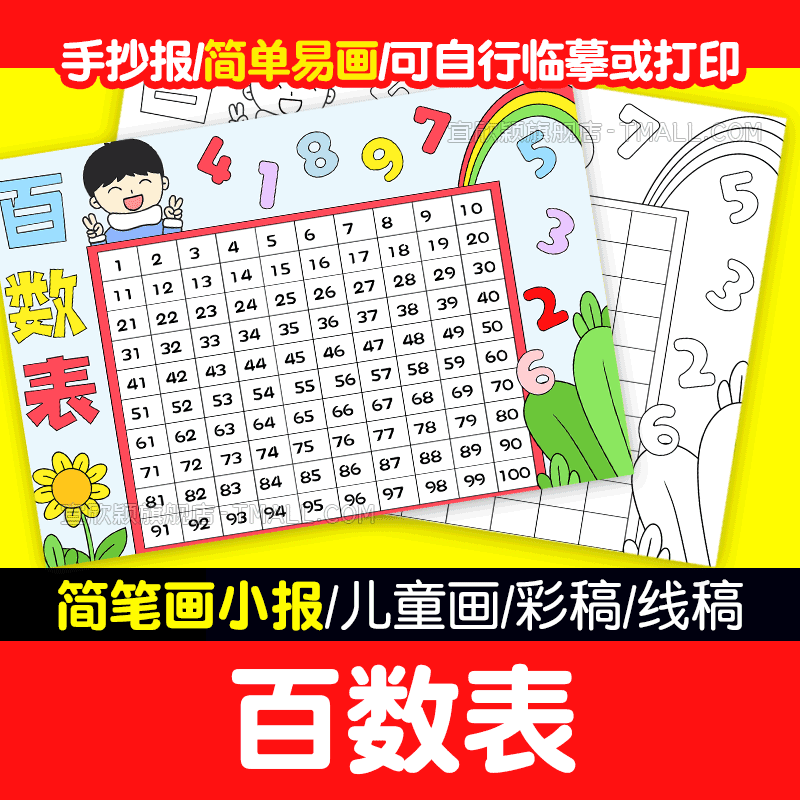 yxy【简单画易】百数表1-100数字表一二年纪数学手抄报电子小报a3