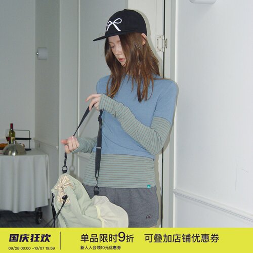 square houlest甜酷辣妹条纹撞色假两件显瘦长袖T恤女打底上衣春