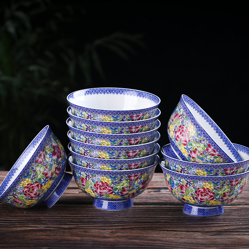 家用陶瓷碗大号吃米饭碗10个装组合套装中式简约创意5英寸高脚碗,餐饮具,碗,淘宝优惠券,粉丝福利购,淘宝优惠卷