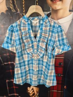 eland 依恋 女子成人夏款（大童可穿）纯棉木耳边V领格子短袖衬衫