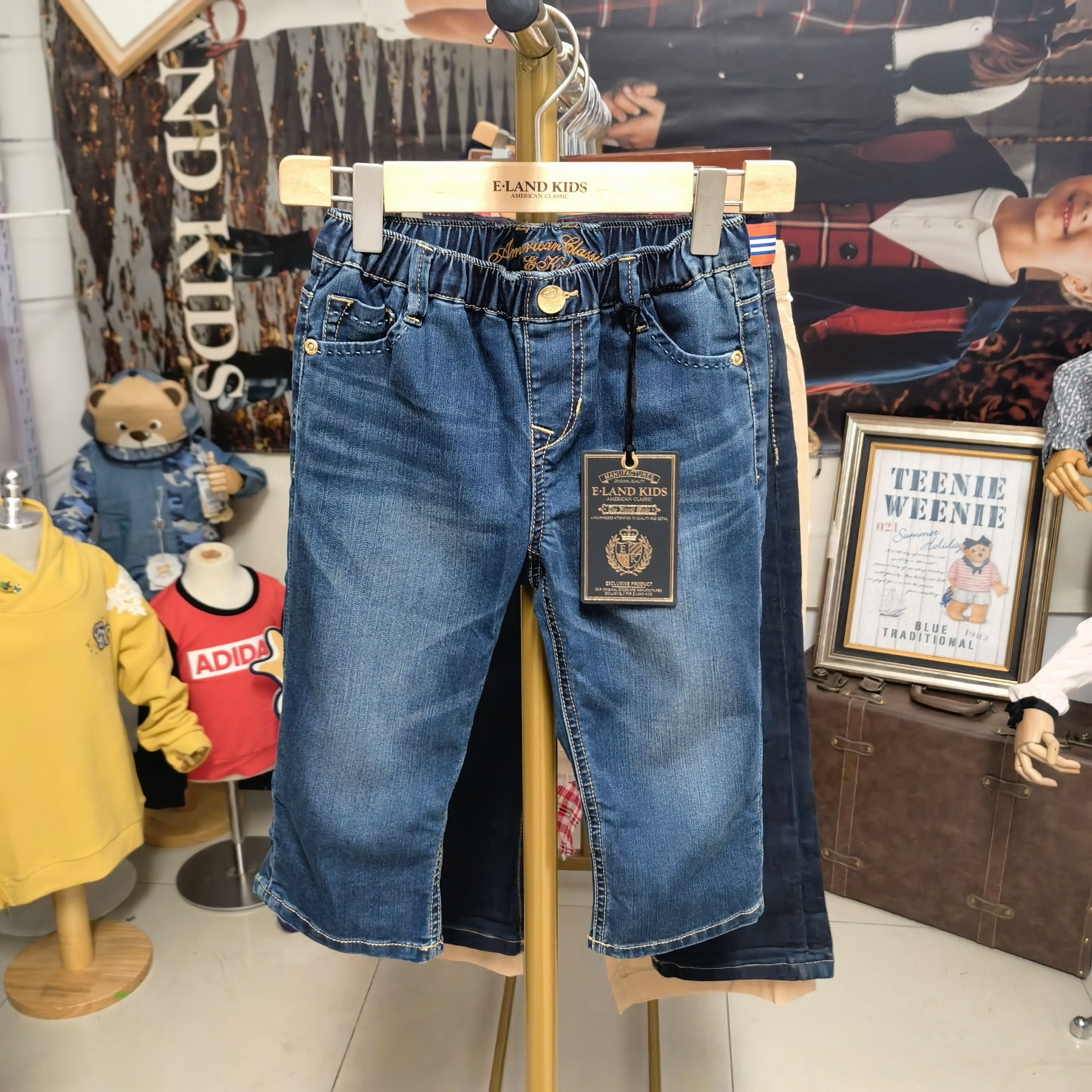 Eland kids 依恋儿童 男童夏款 松紧腰薄款过膝 牛仔七分裤