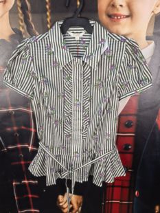 e-land 依恋 女子成人（大童可穿）夏款纯棉碎花腰带收身短袖衬衫