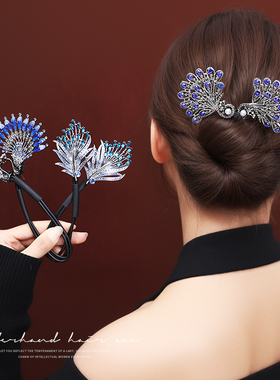 蓝色羽毛懒人盘发器女2025新款丸子头卷发神器气质发夹高级感头饰