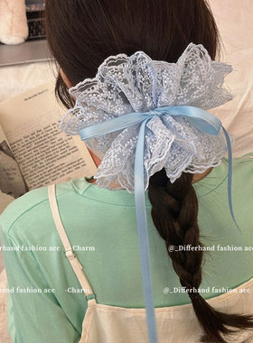 抽绳大肠发圈蓝色蕾丝花边发绳马尾辫扎头发皮筋高级氛围感头饰品