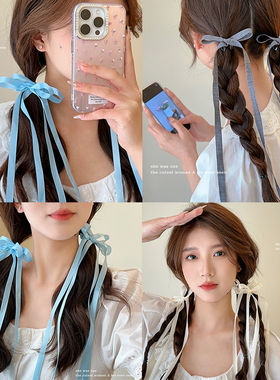 网红蓝色丝带蝴蝶结发夹2026新款甜美绑发鸭嘴夹子刘海夹发卡头饰