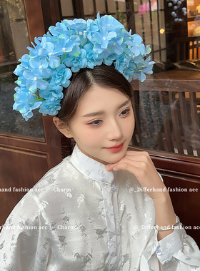蓝色仿真花朵簪花发箍女生度假出游拍照发饰中式浔埔女簪花环头饰