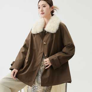 毛领皮草羽绒服女鹅绒系带风衣2026冬新中长款山羊绒皮毛一体外套