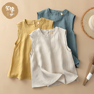 100%汉麻上衣女春夏新款圆领无袖背心宽松衬衫简约女装文艺复古T