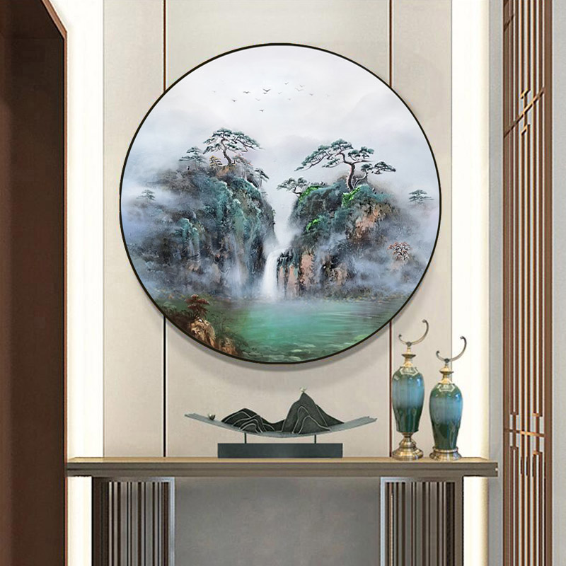 新中式玄关走廊装饰画餐厅画微喷晶瓷简约圆形客厅风景山水画定制图片