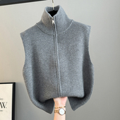 高领拉链针织开衫 马甲背心女2026春秋冬新款 宽松叠穿马夹毛衣坎肩