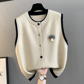 秋冬新款 背心 坎肩叠穿短款 撞色拼接假两件针织开衫 马甲女圆领无袖