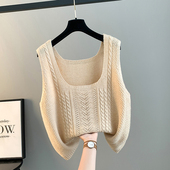 复古叠穿上衣秋冬女士无袖 毛衣马甲百搭宽松U型领麻花针织衫 背心