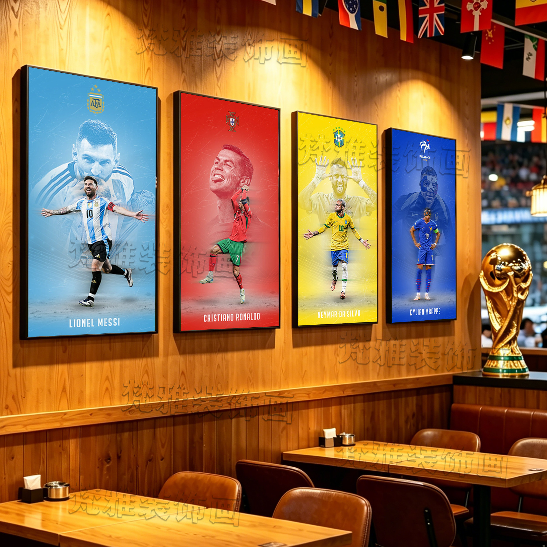 世界杯足球明星装饰画梅西C罗内马尔姆巴佩体彩店酒吧客厅挂画