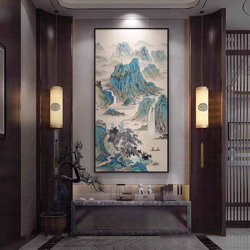 新中式玄关装饰画茶室迎客松走廊过道挂画竖版大气山水背景墙壁画