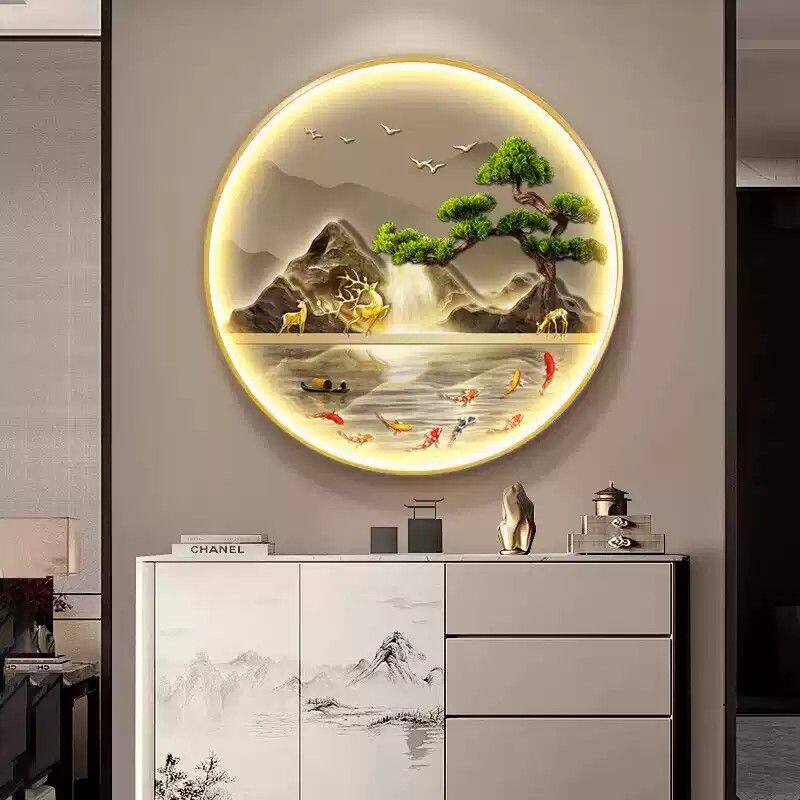 新中式玄关装饰画圆形九鱼图山水画迎客松挂画入户走廊壁画大气