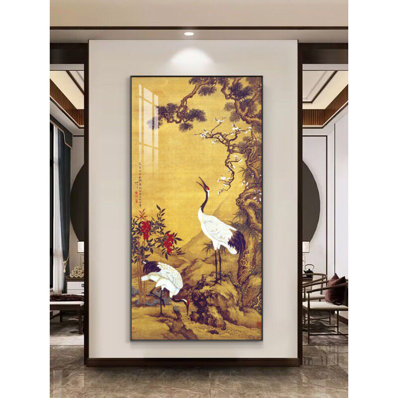 松鹤延年装饰画仙鹤画中式挂画鹤寿图字画玄关画走廊客厅竖款壁画