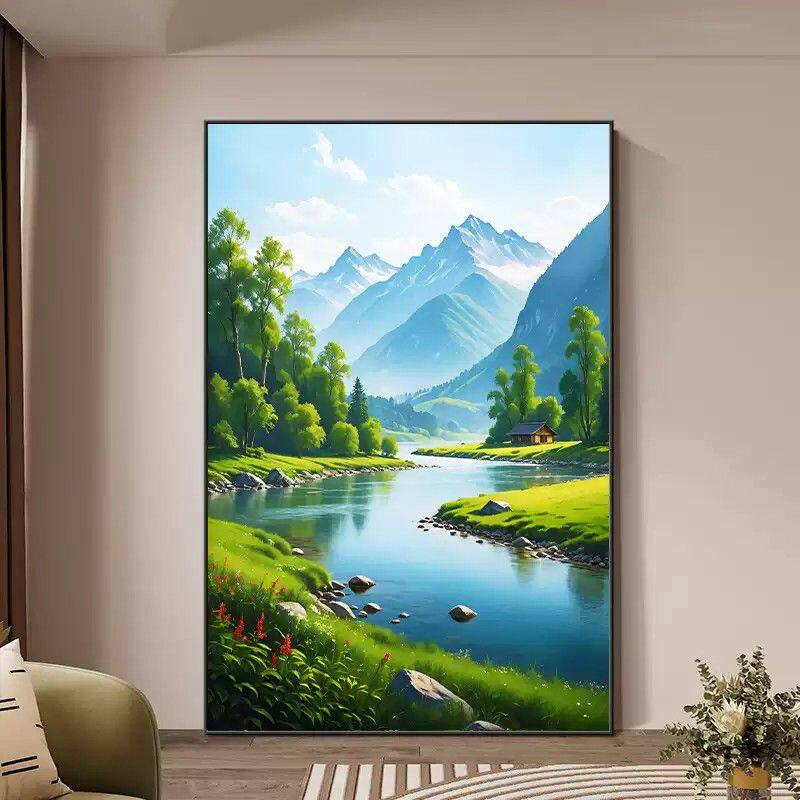 流水生财入户进门装饰画客厅背景墙挂画玄关走道餐厅山水风景壁画