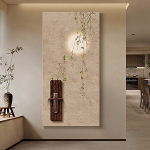 侘寂风水培绿植玄关装饰画入户正对门挂画禅意茶室氛围布置高级感