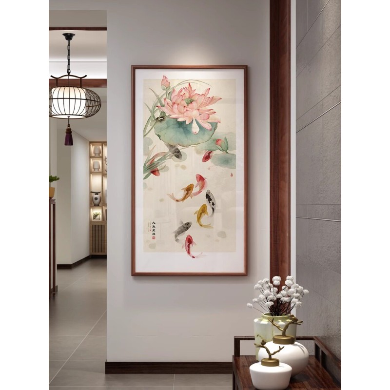 九鱼图玄关画牡丹墙画现代新中式壁画荷花挂画过道走廊客厅装饰画