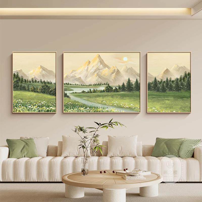 日照金山客厅装饰画源远流长三联挂画山水风景油画沙发背景墙壁画