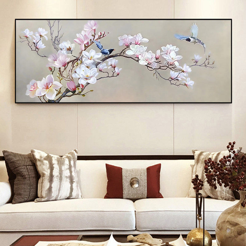 玉兰花大芬村油画花鸟装饰画挂画中式横版沙发背景墙纯新客厅