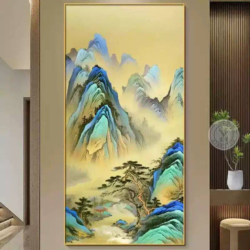 道图进门中式千里山水画装饰画客厅江山走廊尽头挂画过玄关竖版新
