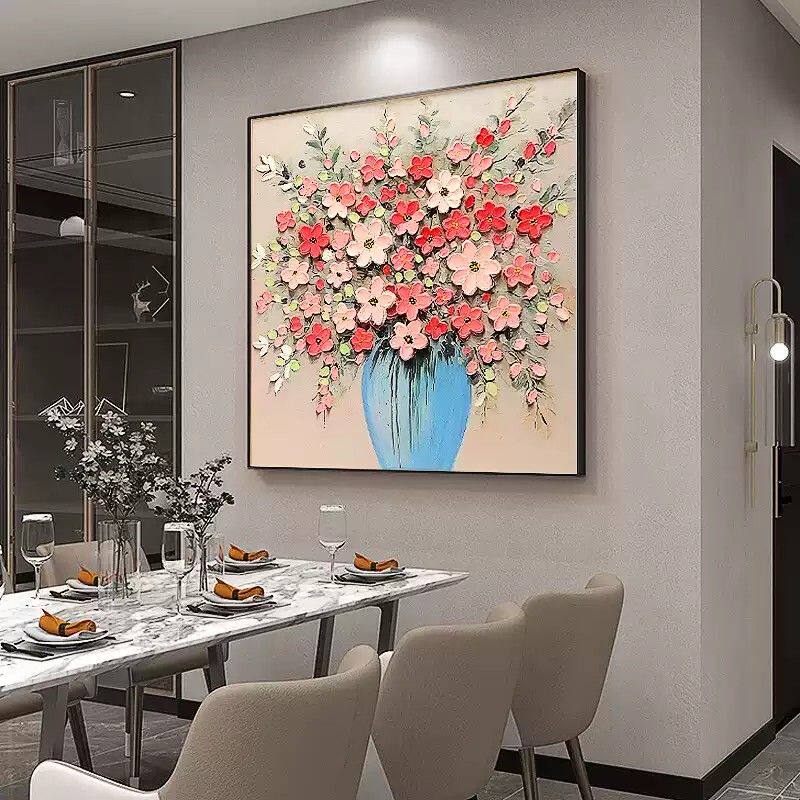 大芬村花卉餐厅装饰画高级感方形挂画客厅餐桌背景墙壁画简约画