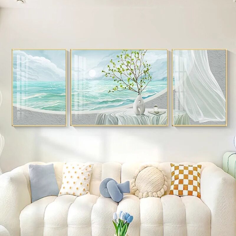 奶油风风景三联画北欧轻奢壁画客厅装饰画日出海景沙发背景墙挂画